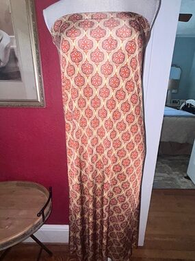 Strapless Maxi Dress in Orange & Cream Geometric Print size med